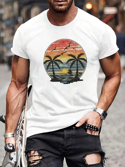 Men's Graphic T-Shirt Vibrant Sunset Reflections Over Calm Ocean With Tropical Palm Trees