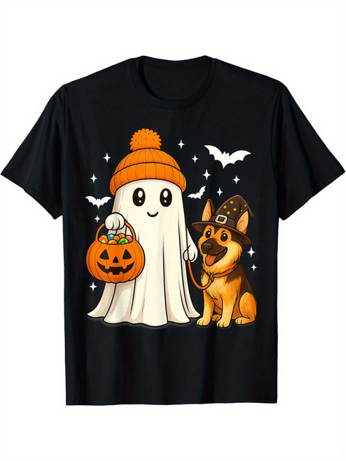 Men's Graphic T-Shirt Halloween Night Ghost With Pumpkin And Cute Festival Dog