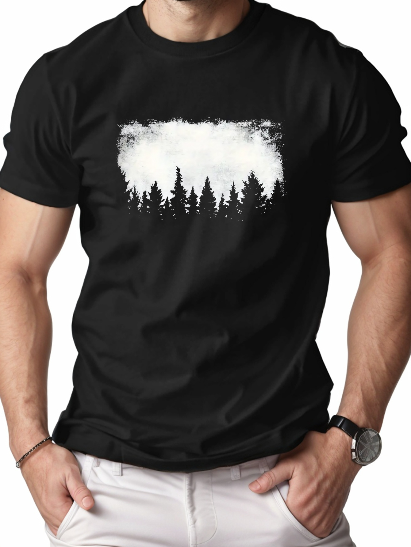Men's Graphic T-Shirt White Mist Rising Among Dark Evergreen Forest Trees