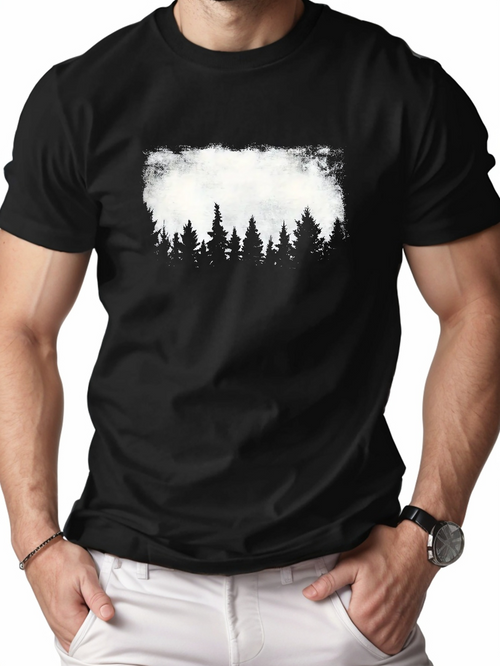Men's Graphic T-Shirt White Mist Rising Among Dark Evergreen Forest Trees