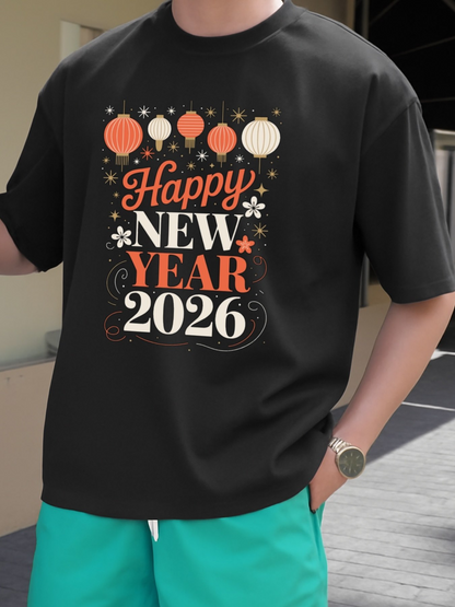 Men's Graphic T-Shirt Happy New Year 2026 With Lanterns And Celebration Elements Around Text