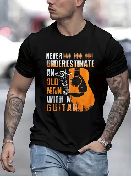 Men's Graphic T-Shirt Never Underestimate An Old Man With A Guitar Vintage Orange Classic Acoustic Guitar