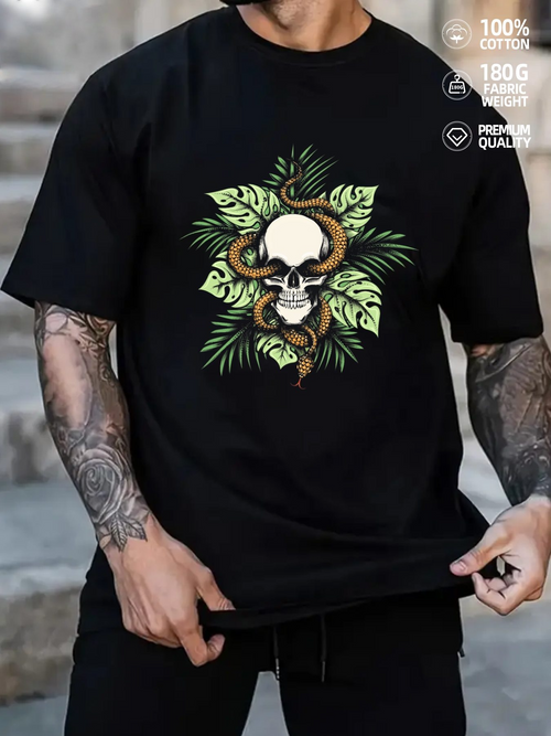 Men's Graphic T-Shirt Verdant Leaves And Coiled Snake Around Bold Skull