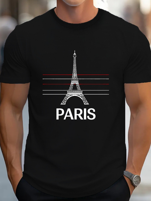 Men's Graphic T-Shirt Paris City Landmark With Striped Accents Under Eiffel Tower