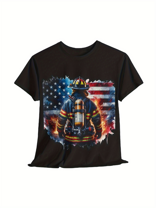 Men's Graphic T-Shirt Brave Heroic Figure With Flaming Colors And Patriotic Stripes Firefighter