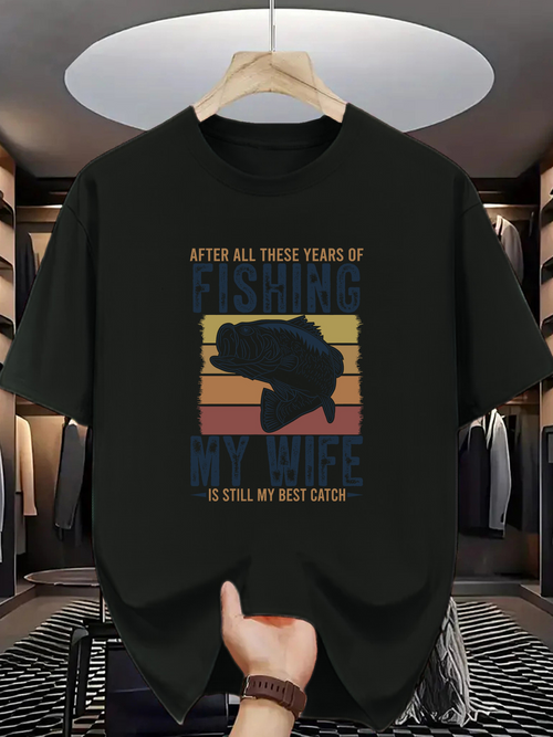 Men's Graphic T-Shirt After All These Years Of Fishing My Wife Is Still My Best Catch With Sunset Stripes Featuring A Fish Silhouette