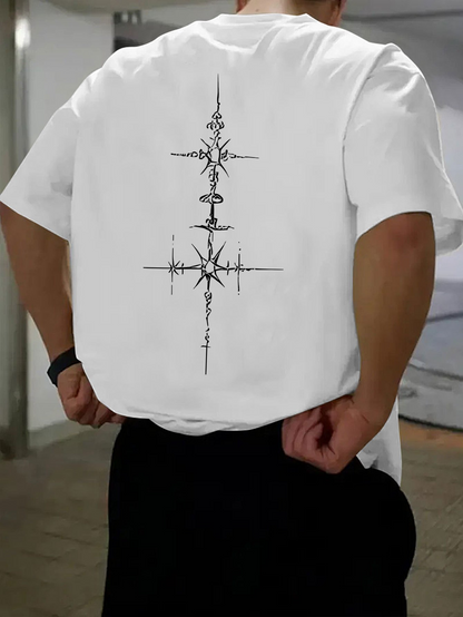 Men's Graphic T-Shirt Symmetrical Abstract Lines With Geometric Sharp Points And Starburst Cross Symbol