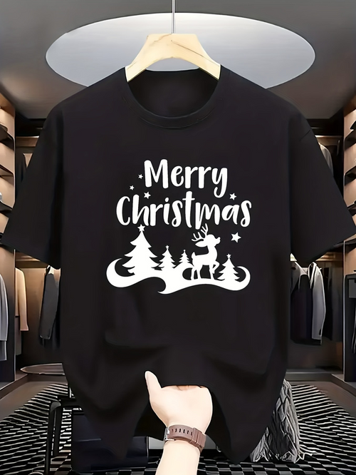 Men's Graphic T-Shirt Merry Christmas Festive Night Winter Trees Under Starry Sky Reindeer