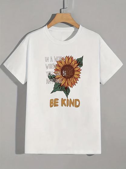 Men's Graphic T-Shirt Be Kind With Golden Sunflower And Delicate Watercolor Green Leaves