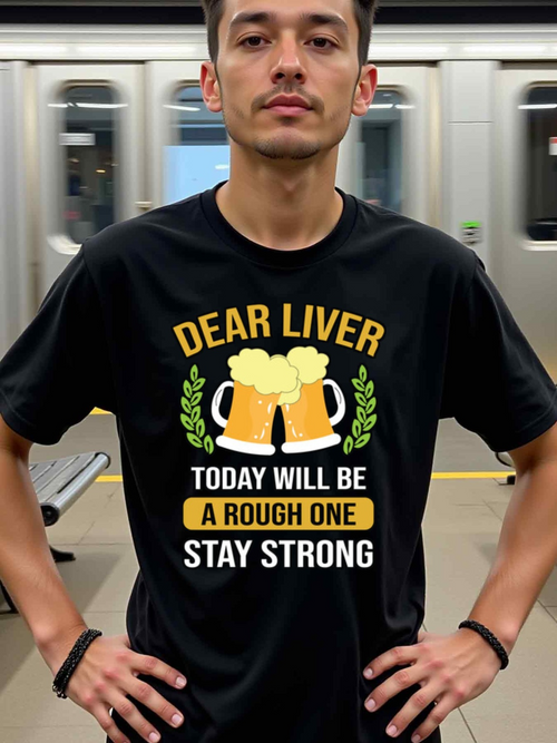 Men's Graphic T-Shirt Dear Liver With Beer Mugs Surrounded By Laurels And Bold Letters