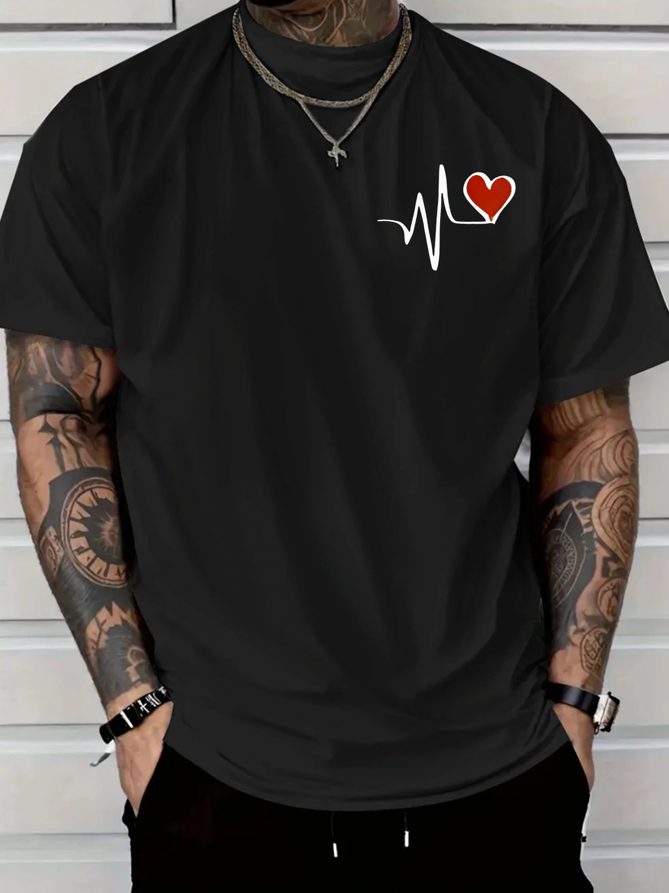 Men's Graphic T-Shirt White Heartbeat Line Graphic With Red Accented Heart Symbol