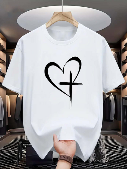 Men's Graphic T-Shirt Minimal Black Cross Merged With Modern Abstract Heart Symbol