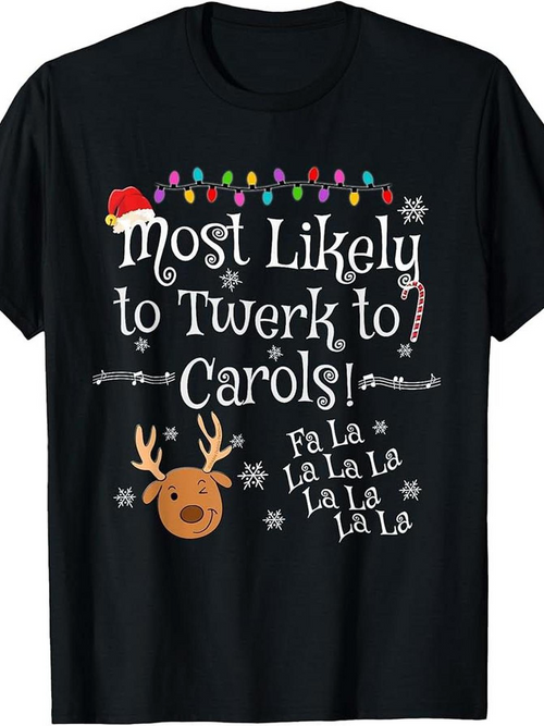 Men's Graphic T-Shirt Most Likely To Twerk To Carols With Christmas Lights Snowflakes And Reindeer Face