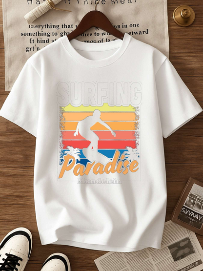 Men's Graphic T-Shirt Surfing Paradise Sunset Background With Waves Silhouette And Tropical Ocean Surfer