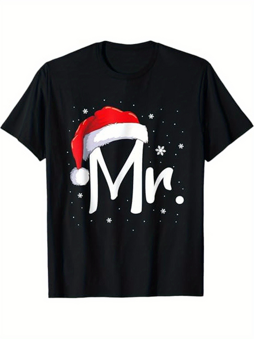 Men's Graphic T-Shirt Mr With Santa Hat Snowflakes And Christmas Theme Shirt