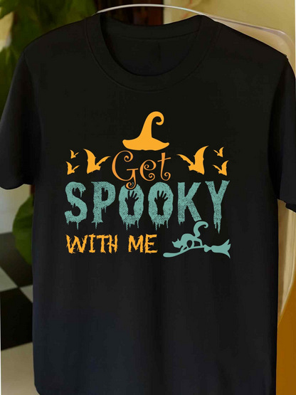 Men's Graphic T-Shirt Get Spooky With Me Flying Bats Magical Witch Hat Moonlit Night Witch