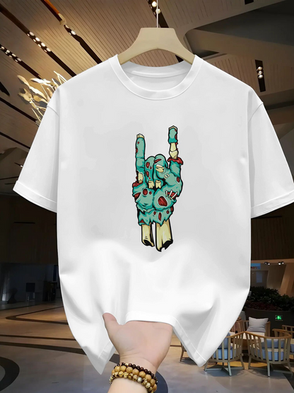Men's Graphic T-Shirt Colorful Zombie Hand With Cartoon Details Making Rock Gesture