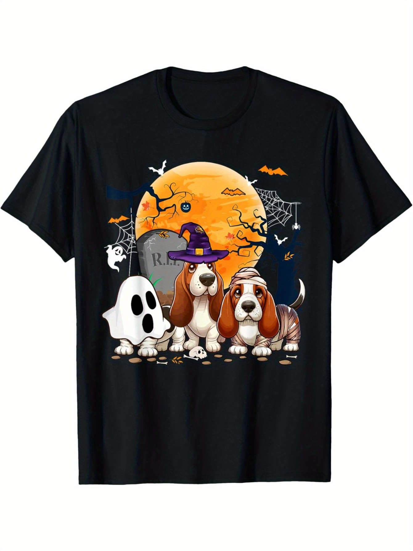Men's Graphic T-Shirt Halloween Moon With Costume Dogs Bats And Spooky Pumpkins