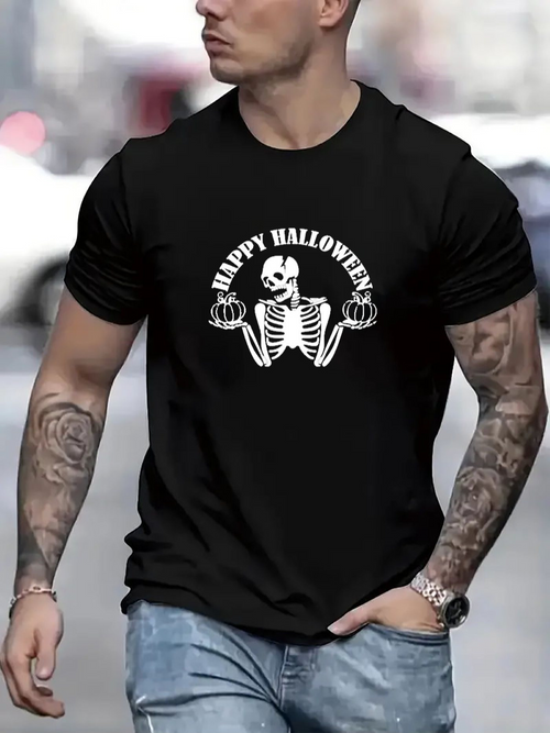 Men's Graphic T-Shirt Happy Halloween Funny Skeleton Bones With Raised Hands Shirt