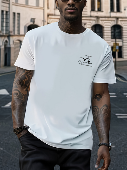 Men's Graphic T-Shirt Minimalist Sunrise With Flying Seagull Over Gentle Ocean Waves