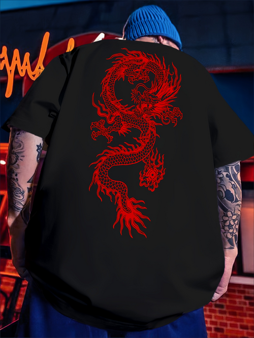 Men's Graphic T-Shirt Vibrant Neon Red Dragon In Lively Urban Night Streetscape Dragon