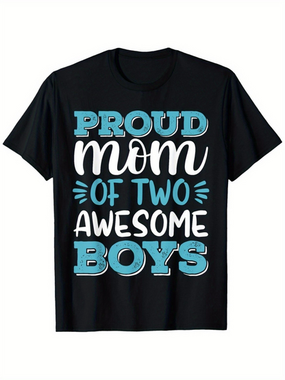 Men's Graphic T-Shirt Proud Mom Of Two Awesome Boys Bold Playful Lettering On Black T Shirt