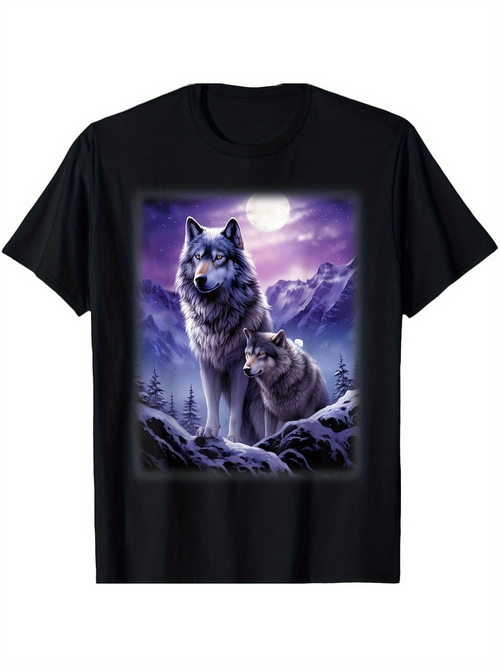 Men's Graphic T-Shirt Misty Purple Night Forest With Two Wolves Surrounded By Mountains And Moonlight Wolf