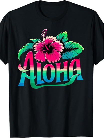Men's Graphic T-Shirt Aloha Vibrant Pink Hibiscus Flower With Lush Green Leaves Hawaiian T Shirt