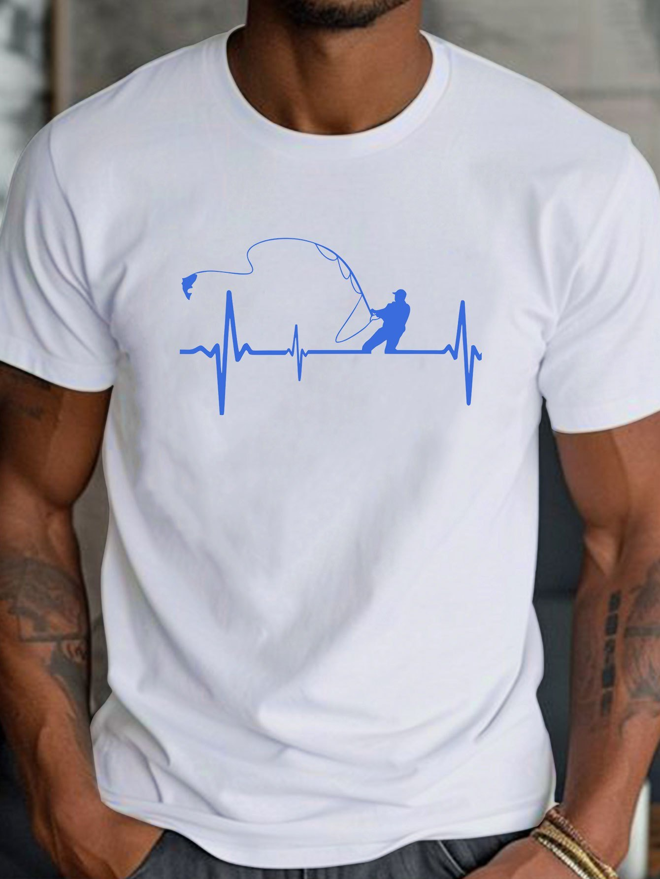 Men's Graphic T-Shirt Heartbeat Waves Line Art Fisherman Under Open Sky