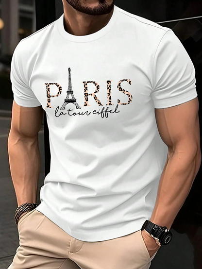 Men's Graphic T-Shirt Paris Decorative Lettering With Iconic Eiffel Tower Motif Graphic T Shirt