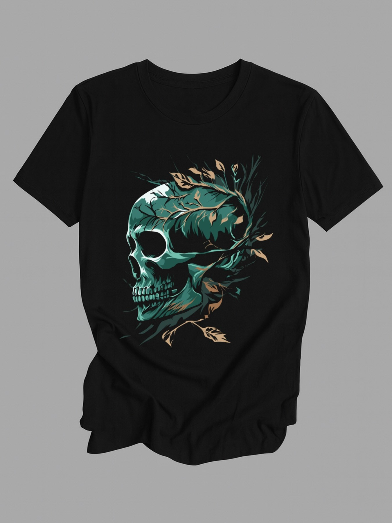 Men's Graphic T-Shirt Green Leaves And Golden Branches Flowing Around Skull