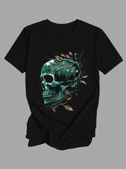 Men's Graphic T-Shirt Green Leaves And Golden Branches Flowing Around Skull