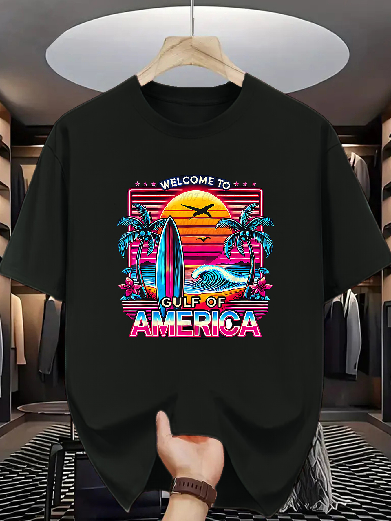 Men's Graphic T-Shirt Welcome To Gulf Of America Vibrant Palm Trees And Surfboard Under Sunset Scene