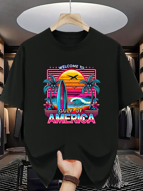 Men's Graphic T-Shirt Welcome To Gulf Of America Vibrant Palm Trees And Surfboard Under Sunset Scene