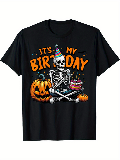 Men's Graphic T-Shirt Its My Birthday Skeleton With Pumpkin Party Hat And Cake
