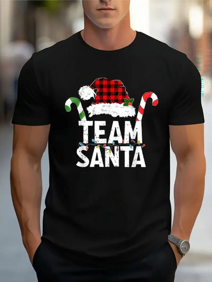 Men's Graphic T-Shirt Team Santa With Red Plaid Santa Hat And Festive Candy Canes