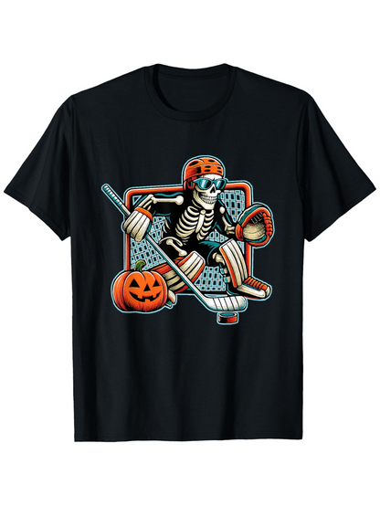 Men's Graphic T-Shirt Halloween Pumpkin With Skeleton Playing Hockey Goalie In Costume