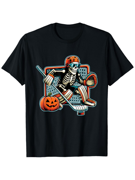 Men's Graphic T-Shirt Halloween Pumpkin With Skeleton Playing Hockey Goalie In Costume