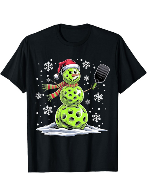 Men's Graphic T-Shirt Snowy Winter Scene With Playful Green Snowman Wearing Santa Hat