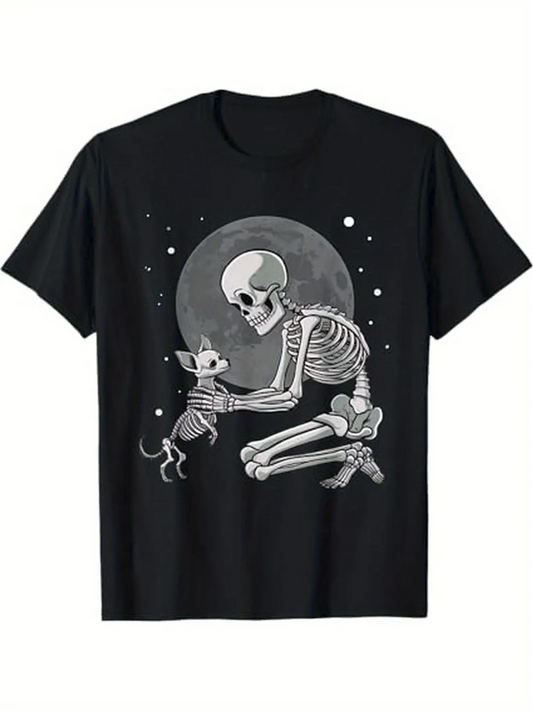 Men's Graphic T-Shirt Full Moon Night With Kneeling Skeleton And Curious Cat
