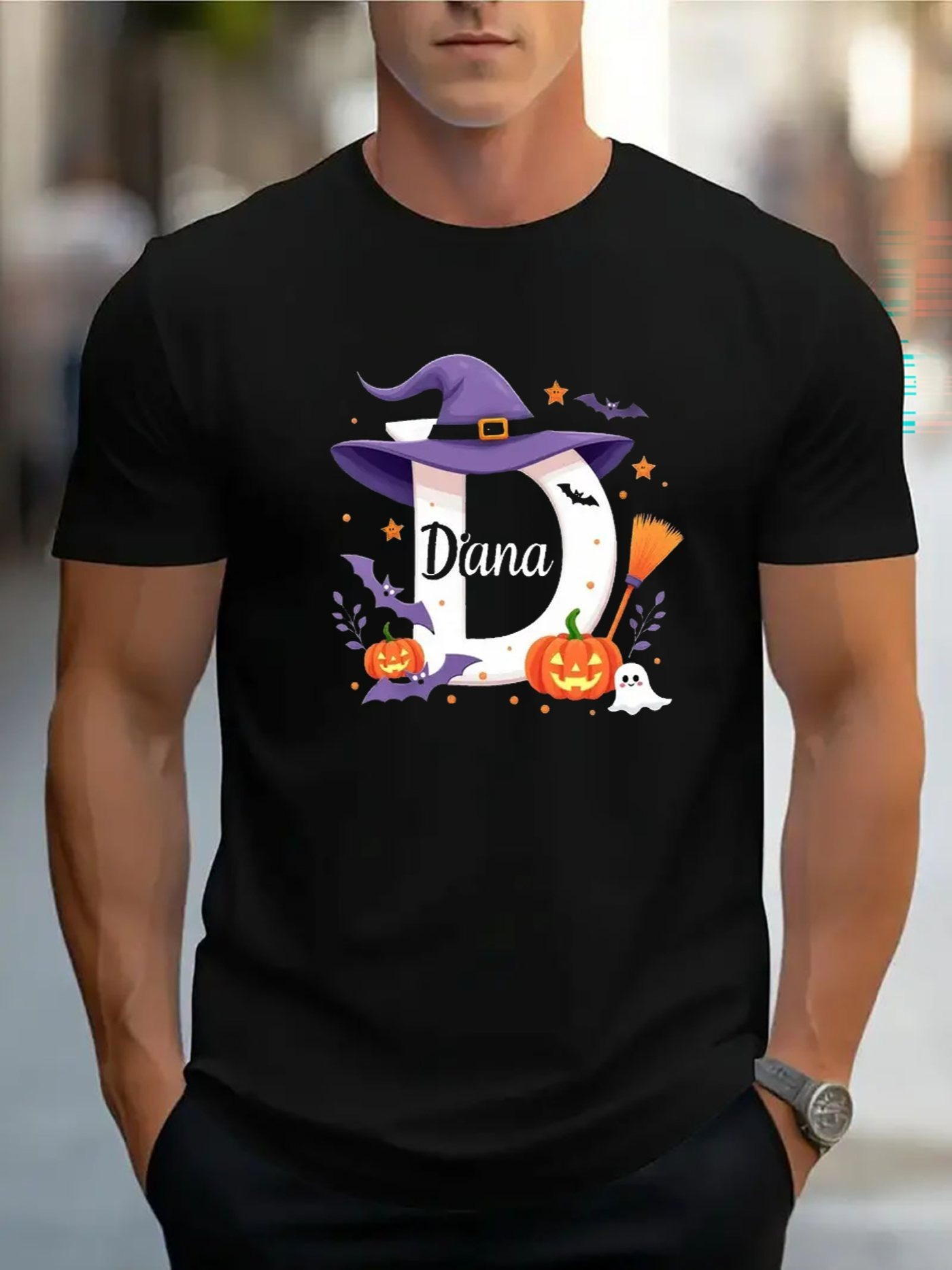 Men's Graphic T-Shirt Dana Purple Witch Hat Pumpkins And Ghosts Halloween Letter D