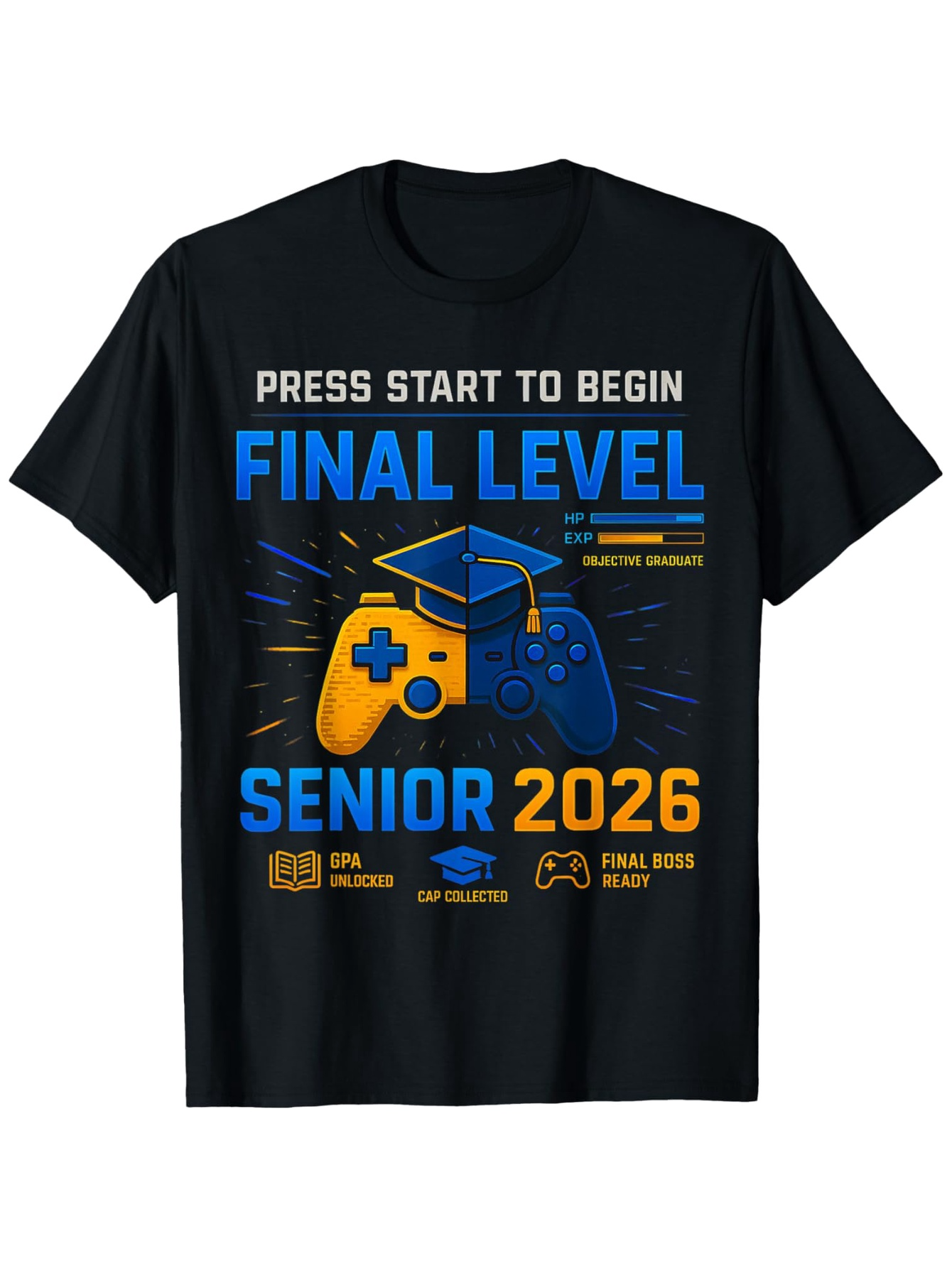 Men's Graphic T-Shirt Press Start To Begin Final Level With Graduation Icons And Game Controller