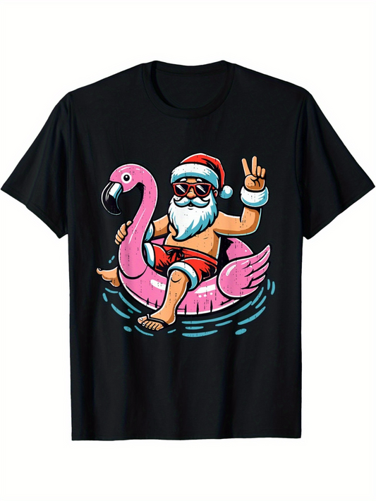 Men's Graphic T-Shirt Relaxed Santa In Sunglasses Sitting On Pink Flamingo Pool Float