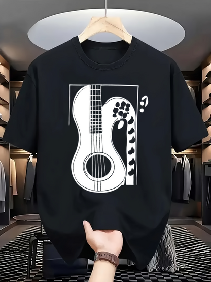 Men's Graphic T-Shirt Minimalist Black And White Art Style Guitar Among Floating Musical Notes Guitar