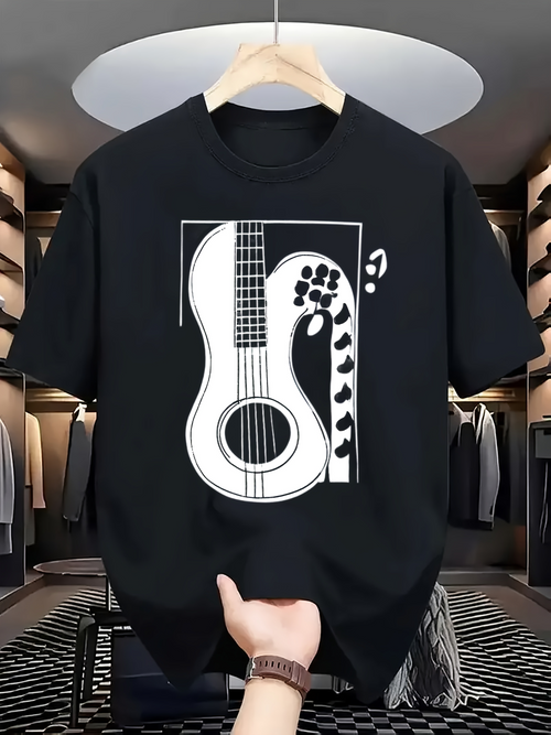 Men's Graphic T-Shirt Minimalist Black And White Art Style Guitar Among Floating Musical Notes Guitar