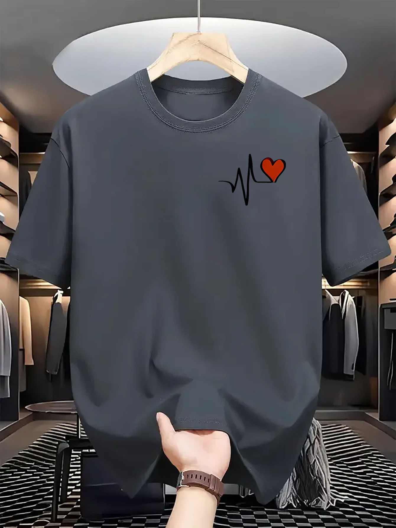 Men's Graphic T-Shirt Casual Style Minimalist Red Heart With Black Pulse Line T Shirt