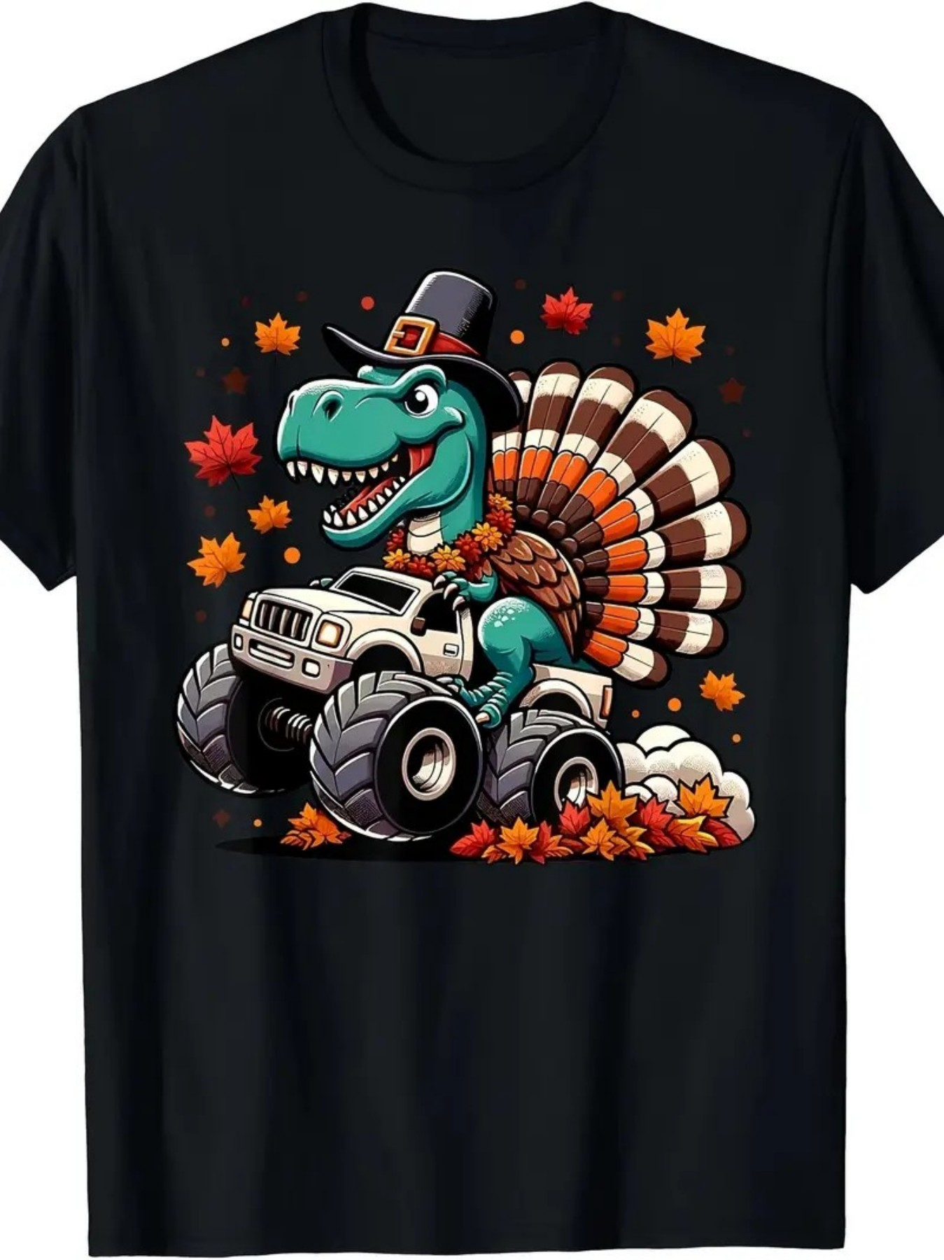 Men's Graphic T-Shirt Autumn Leaves With Festive Dinosaur Wearing Pilgrim Hat Driving Monster Truck