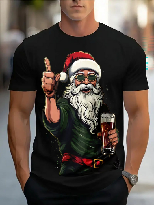 Men's Graphic T-Shirt Cool Christmas Santa Holding A Glass Of Beer