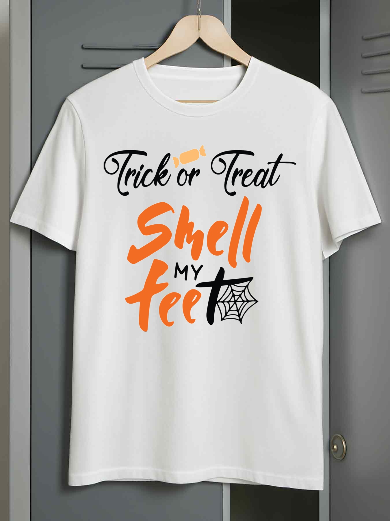 Men's Graphic T-Shirt Trick Or Treat Playful Orange Lettering With Spiderweb Under Halloween Night Feet