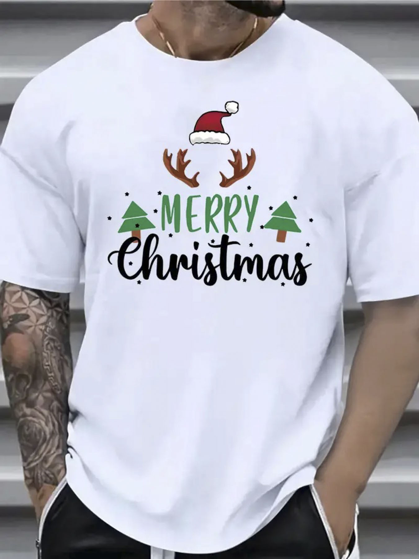 Men's Graphic T-Shirt Merry Christmas Santa Hat And Reindeer Antlers With Festive Holiday Trees